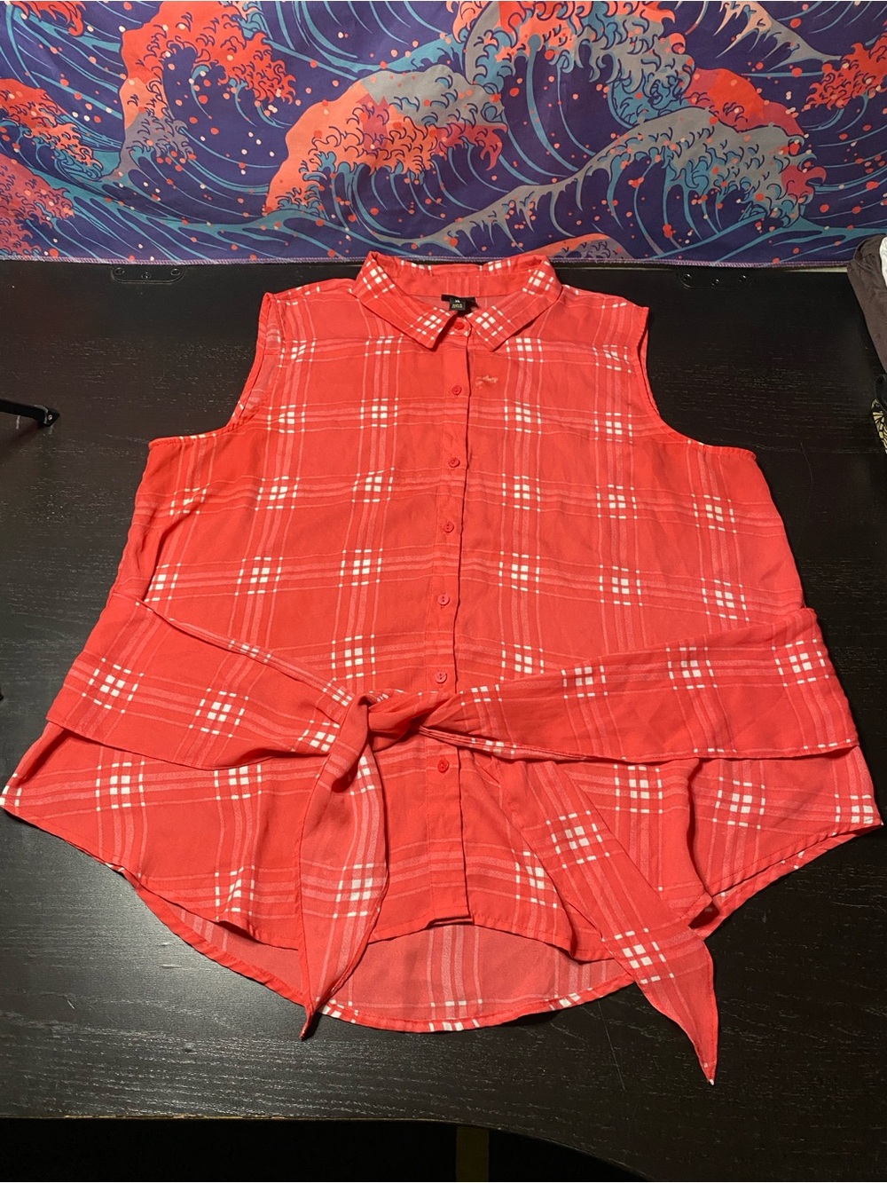 Worthington Coral Red Plaid Button-Front Top